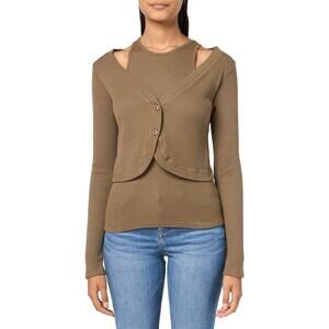 NWT Monrow Thermal Double Layer Top Ribbed Cardi Stone Greene | S
